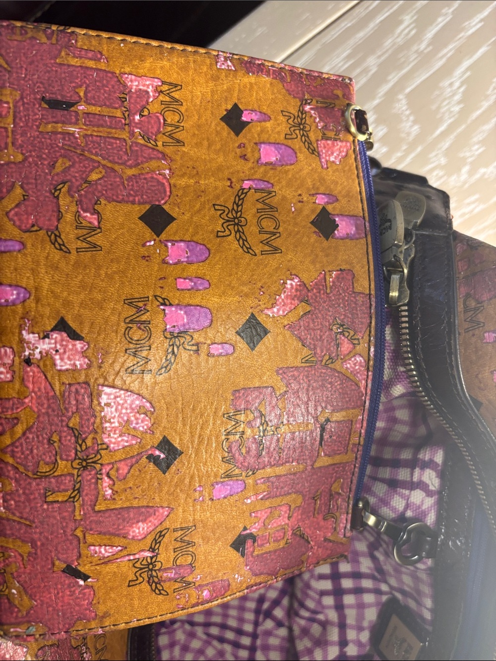 MCM Cognac Visetos Shoulder Bag with Pink Metallic Accents - Picture 11 of 12